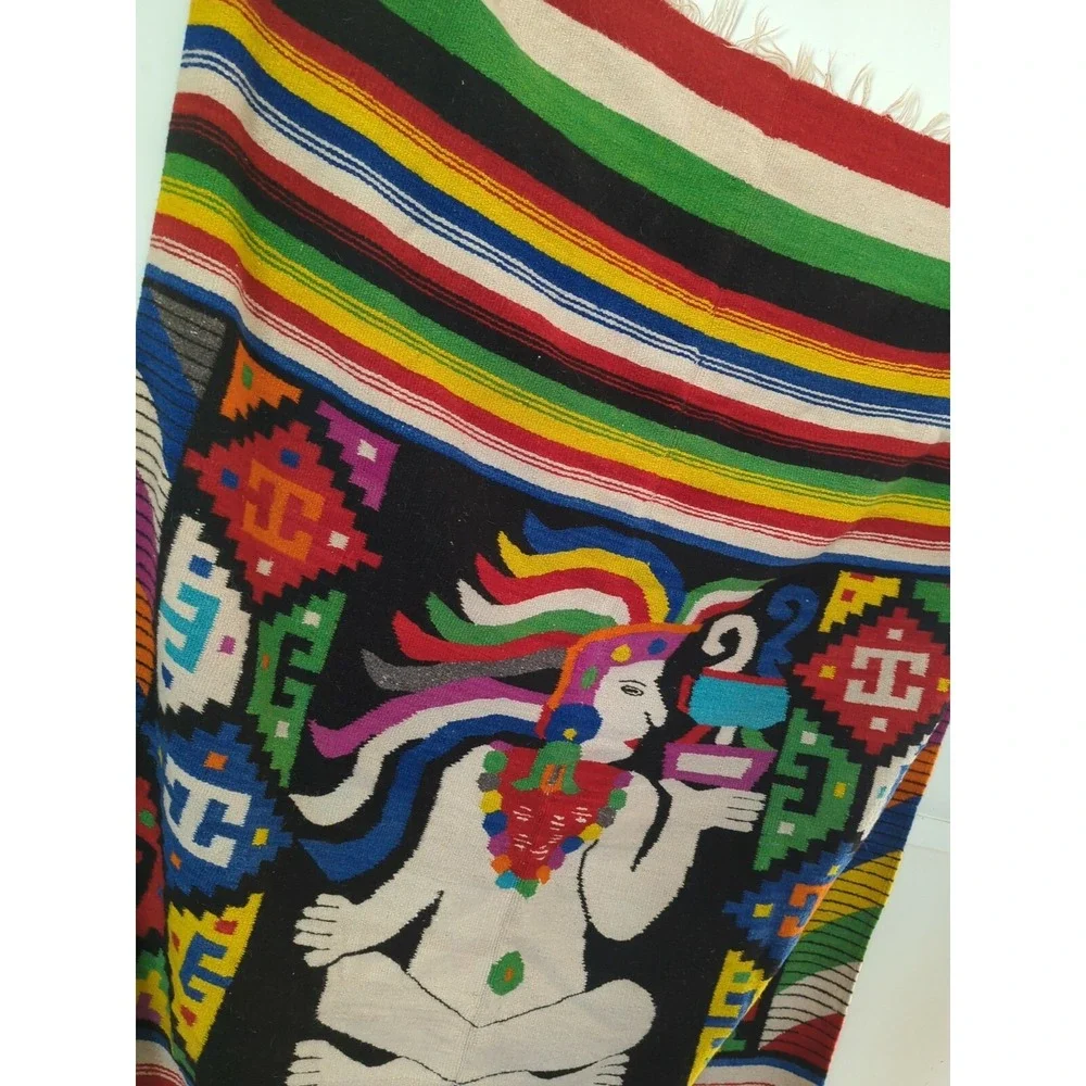 VINTAGE 1960'S HAND‎ WOVEN MEXICO MULTICOLOR WOOL BLANKET